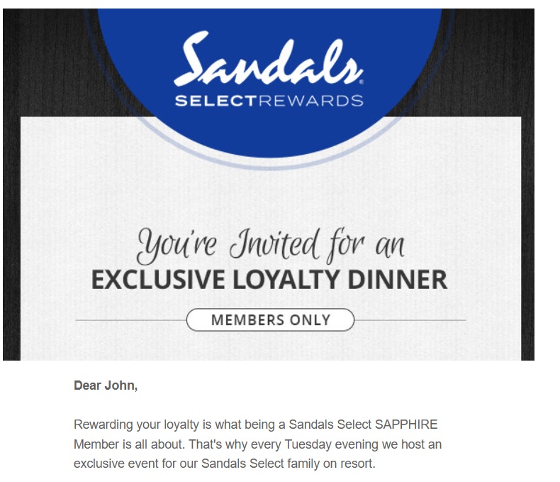 Sandals Select Dinner email invite