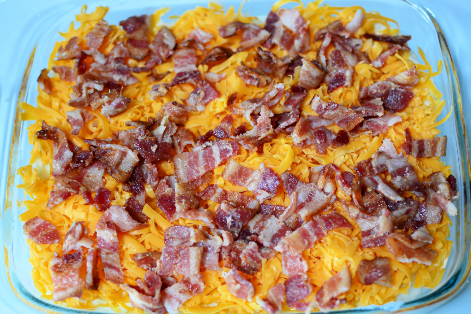 loaded mashed potato casserole ready to go in the oven