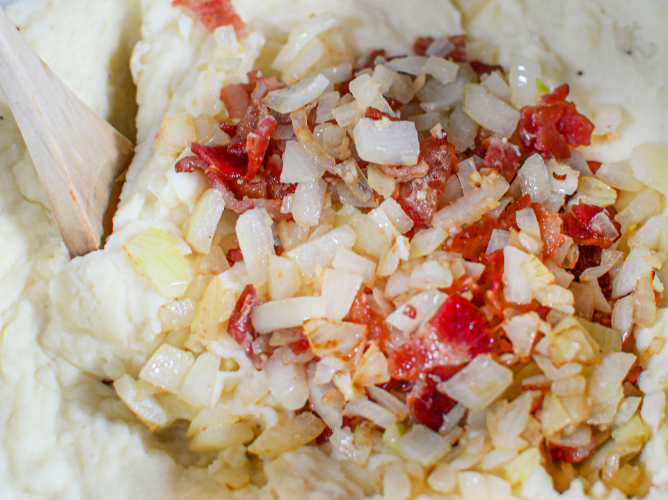 Onions and bacon in mashed potatoes