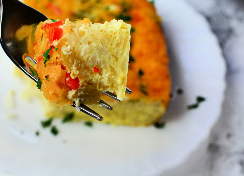 Mexican Fiesta breakfast casserole on fork