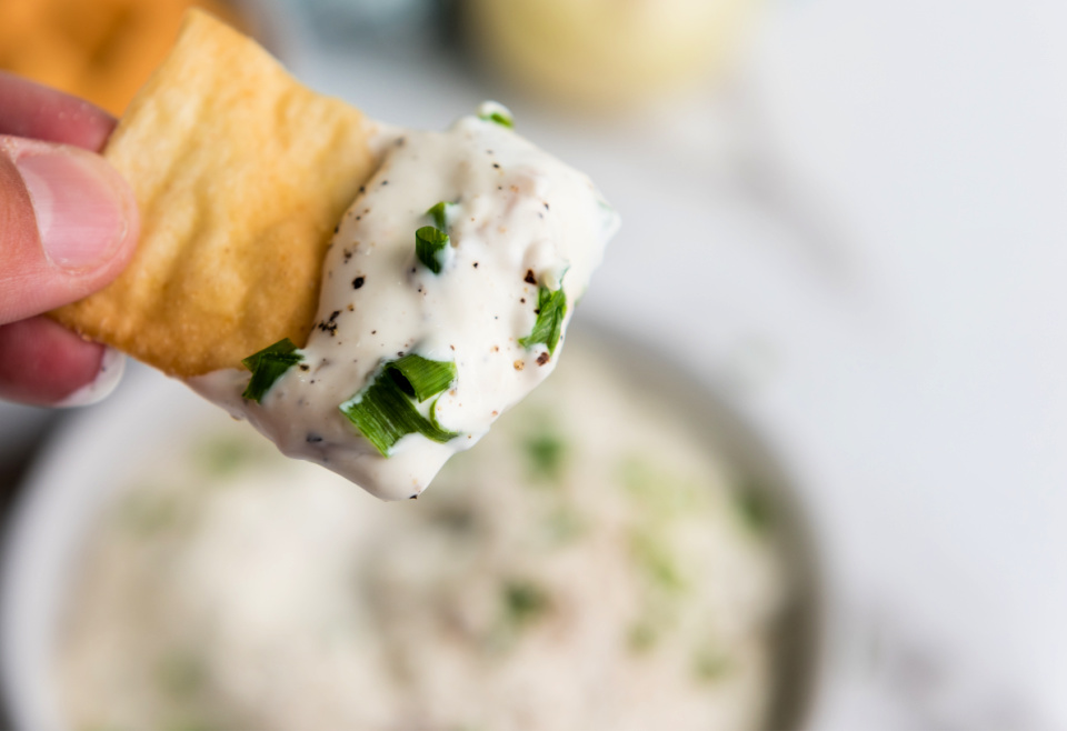 caramelized onion dip appetizer recipe complete with chip